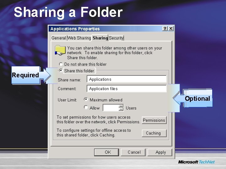 Sharing a Folder Applications Properties General Web Sharing Security You can share this folder Sharing a Folder Applications Properties General Web Sharing Security You can share this folder