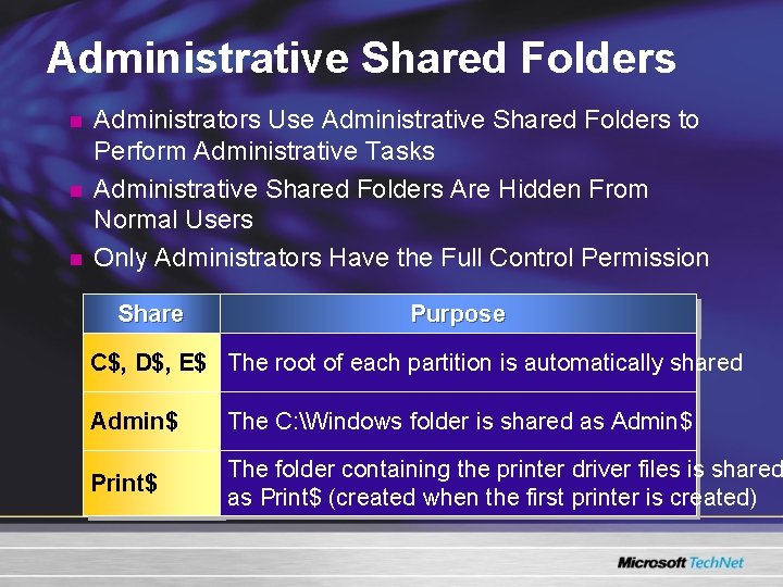 Administrative Shared Folders n n n Administrators Use Administrative Shared Folders to Perform Administrative Administrative Shared Folders n n n Administrators Use Administrative Shared Folders to Perform Administrative