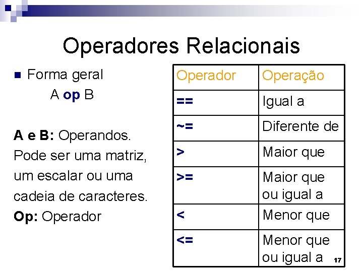 Operadores Relacionais n Forma geral A op B A e B: Operandos. Pode ser