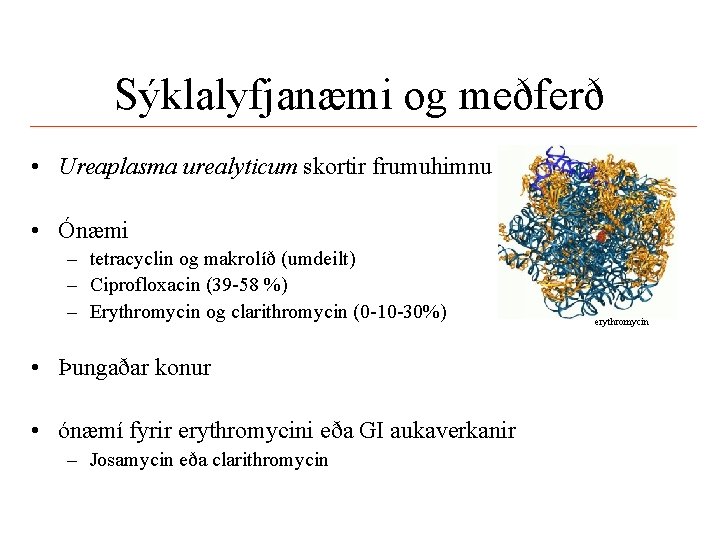 Sýklalyfjanæmi og meðferð • Ureaplasma urealyticum skortir frumuhimnu • Ónæmi – tetracyclin og makrolíð