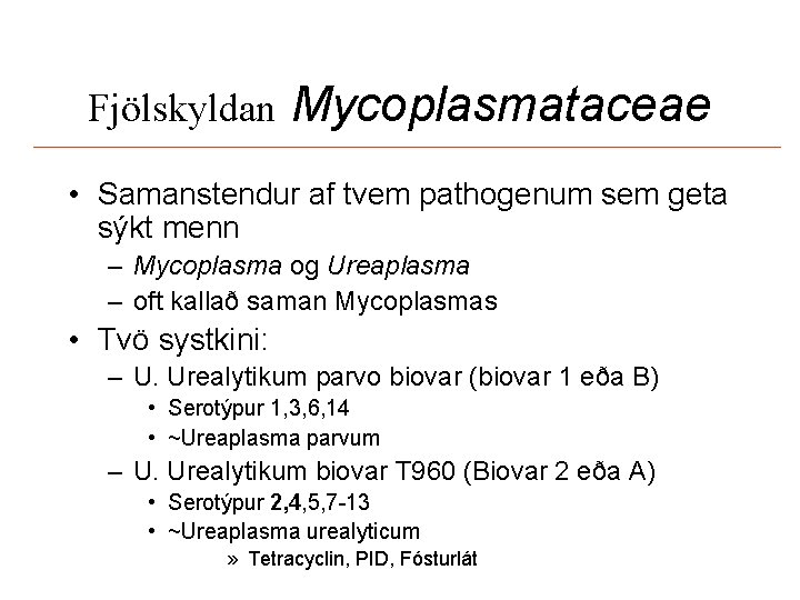 Fjölskyldan Mycoplasmataceae • Samanstendur af tvem pathogenum sem geta sýkt menn – Mycoplasma og