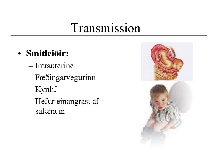 Transmission • Smitleiðir: – Intrauterine – Fæðingarvegurinn – Kynlíf – Hefur einangrast af salernum