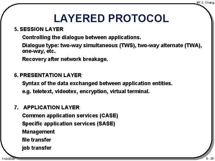 ©T. C. Chang LAYERED PROTOCOL 5. SESSION LAYER Controlling the dialogue between applications. Dialogue