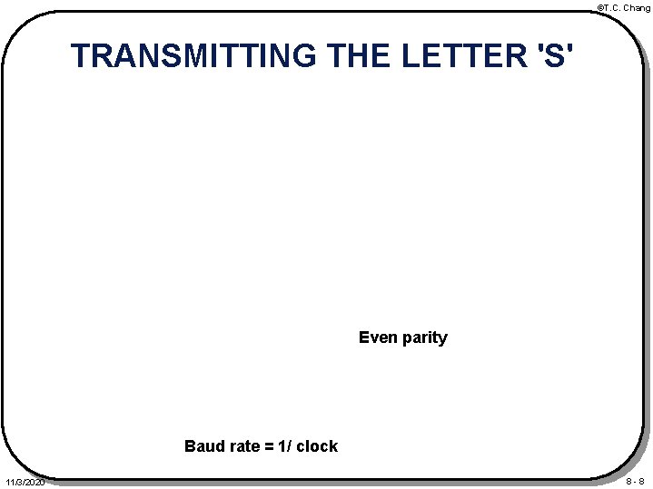 ©T. C. Chang TRANSMITTING THE LETTER 'S' Even parity Baud rate = 1/ clock