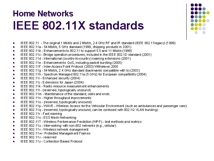 Home Networks IEEE 802. 11 X standards l l l l l l l