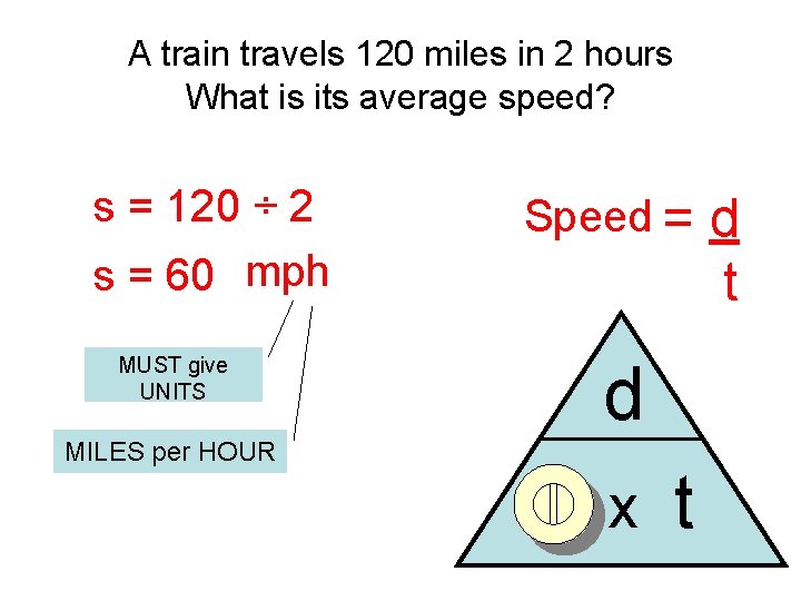 A train travels 120 miles in 2 hours What is its average speed? s