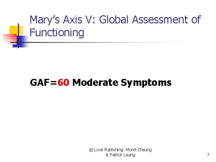 Mary’s Axis V: Global Assessment of Functioning GAF=60 Moderate Symptoms © Love Publishing: Monit