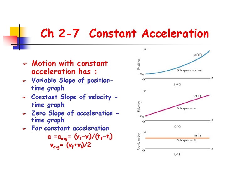 Ch 2 -7 Constant Acceleration F F F Motion with constant acceleration has :