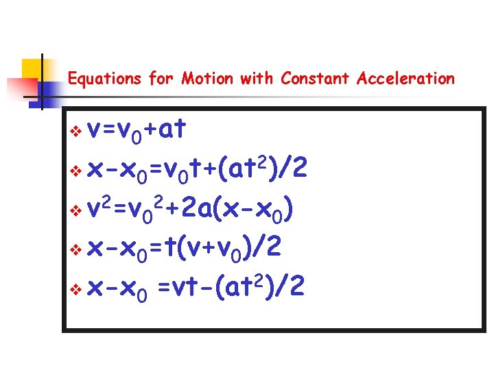 Equations for Motion with Constant Acceleration v=v 0+at v x-x 0=v 0 t+(at 2)/2