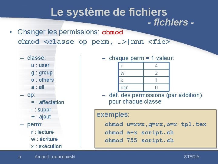 Le système de fichiers - • Changer les permissions: chmod <classe op perm, …>|nnn