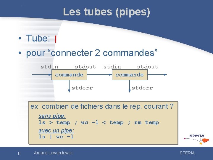 Les tubes (pipes) • Tube: | • pour “connecter 2 commandes” stdin stdout commande