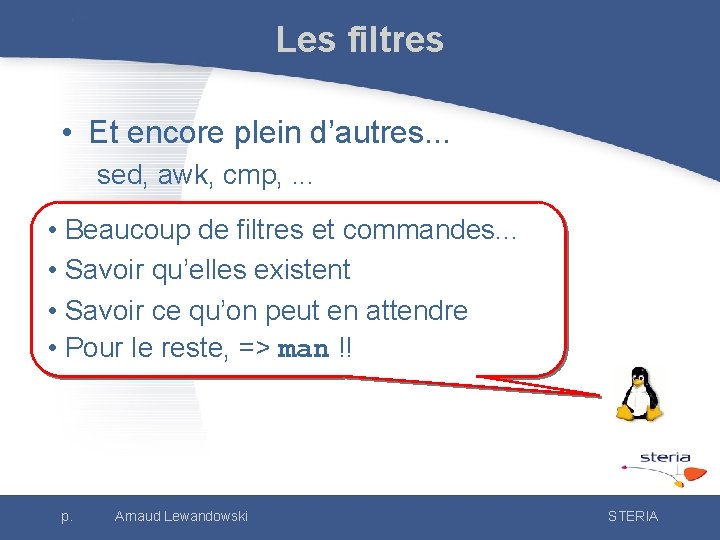 Les filtres • Et encore plein d’autres. . . sed, awk, cmp, . .