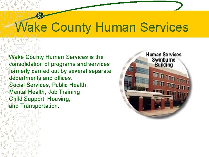 Wake County Human Services is the consolidation of programs and services formerly carried out