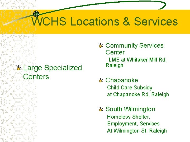 WCHS Locations & Services Community Services Center Large Specialized Centers LME at Whitaker Mill