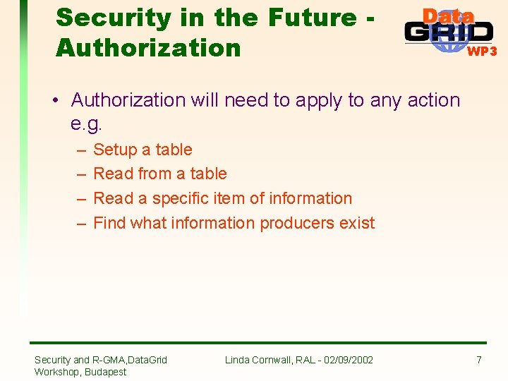 Security in the Future Authorization WP 3 • Authorization will need to apply to