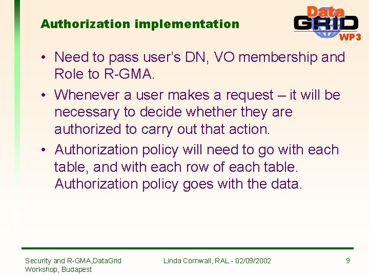 Authorization implementation WP 3 • Need to pass user’s DN, VO membership and Role