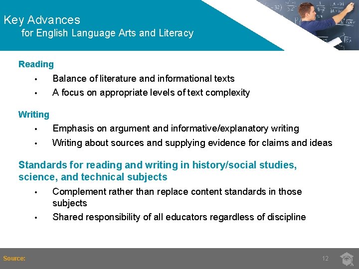 Key Advances for English Language Arts and Literacy Reading • Balance of literature and