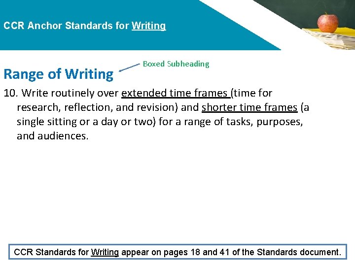 CCR Anchor Standards for Writing Range of Writing Boxed Subheading 10. Write routinely over