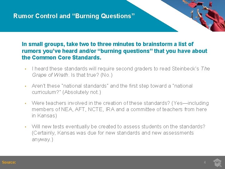 Rumor Control and “Burning Questions” In small groups, take two to three minutes to