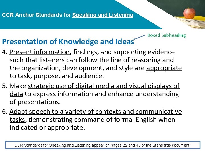 CCR Anchor Standards for Speaking and Listening Presentation of Knowledge and Ideas Boxed Subheading