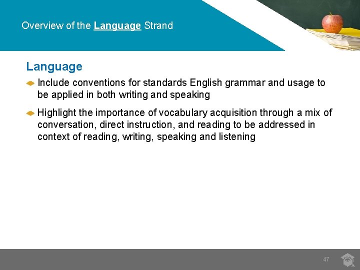 Overview of the Language Strand Language Include conventions for standards English grammar and usage