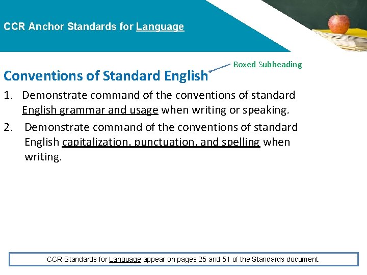 CCR Anchor Standards for Language Conventions of Standard English Boxed Subheading 1. Demonstrate command
