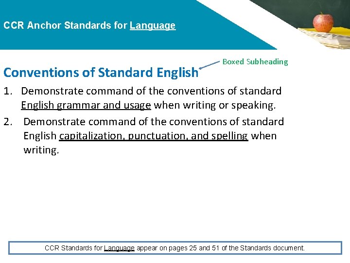 CCR Anchor Standards for Language Conventions of Standard English Boxed Subheading 1. Demonstrate command