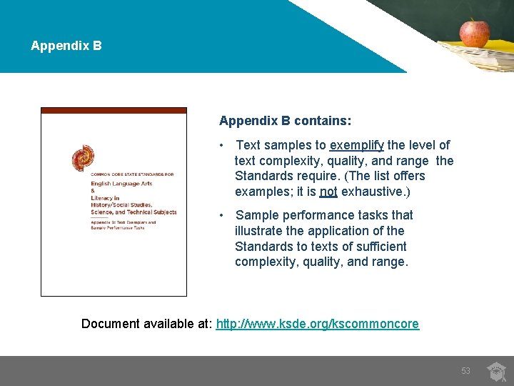 Appendix B contains: • Text samples to exemplify the level of text complexity, quality,