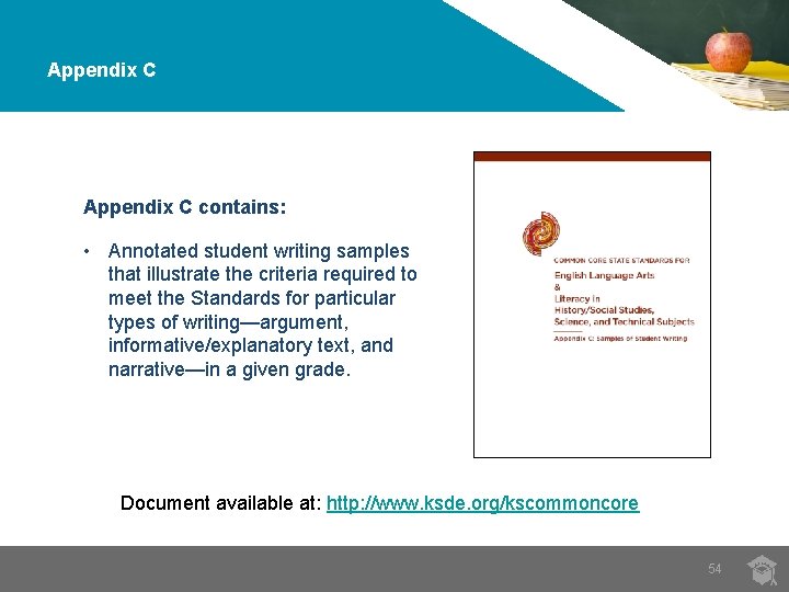 Appendix C contains: • Annotated student writing samples that illustrate the criteria required to