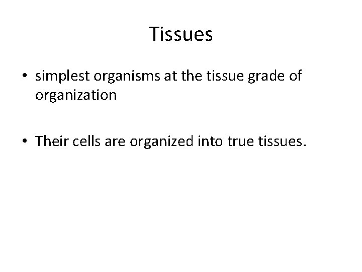 Tissues • simplest organisms at the tissue grade of organization • Their cells are