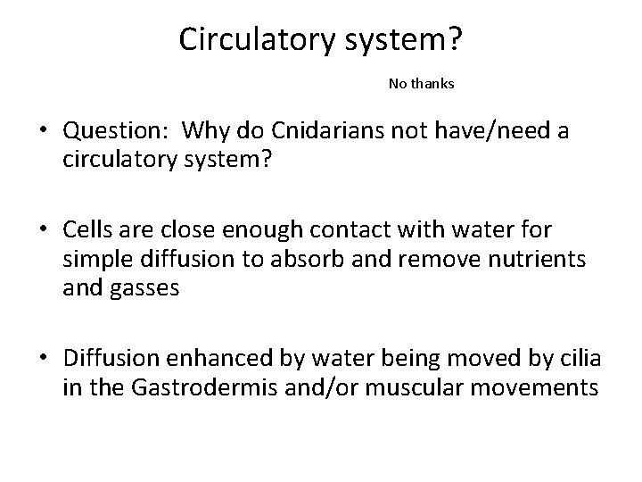 Circulatory system? No thanks • Question: Why do Cnidarians not have/need a circulatory system?