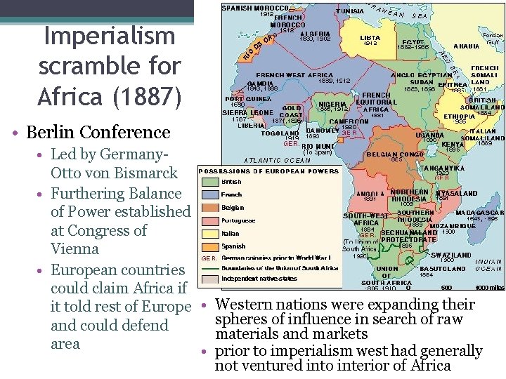 Imperialism scramble for Africa (1887) • Berlin Conference • Led by Germany. Otto von