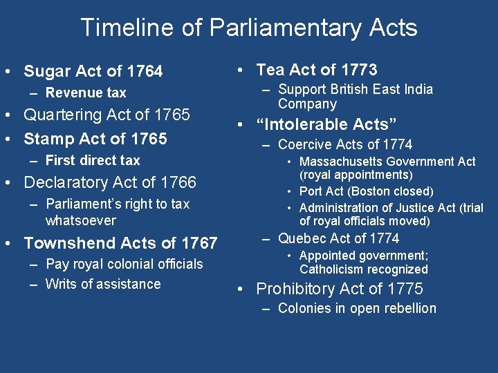 Timeline of Parliamentary Acts • Sugar Act of 1764 – Revenue tax • Quartering