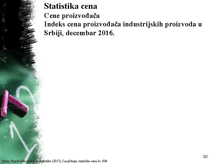 Statistika cena Cene proizvođača Indeks cena proizvođača industrijskih proizvoda u Srbiji, decembar 2016. 82
