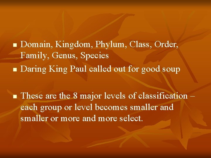 n n n Domain, Kingdom, Phylum, Class, Order, Family, Genus, Species Daring King Paul n n n Domain, Kingdom, Phylum, Class, Order, Family, Genus, Species Daring King Paul