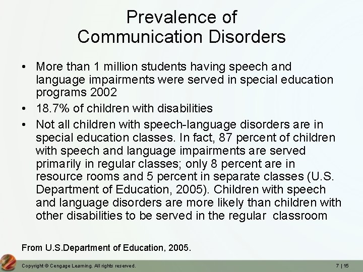 Prevalence of Communication Disorders • More than 1 million students having speech and language