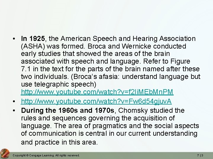  • In 1925, the American Speech and Hearing Association (ASHA) was formed. Broca
