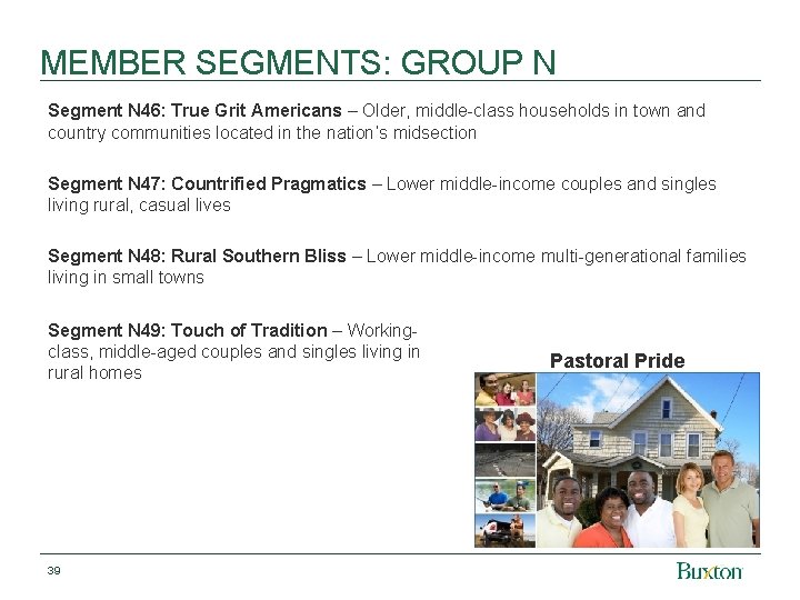 MEMBER SEGMENTS: GROUP N Segment N 46: True Grit Americans – Older, middle-class households