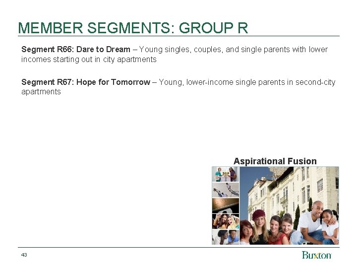 MEMBER SEGMENTS: GROUP R Segment R 66: Dare to Dream – Young singles, couples,