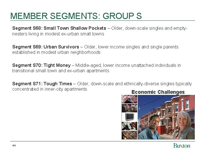 MEMBER SEGMENTS: GROUP S Segment S 68: Small Town Shallow Pockets – Older, down-scale