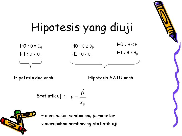 Hipotesis yang diuji H 0 : = 0 H 0 : 0 H 1