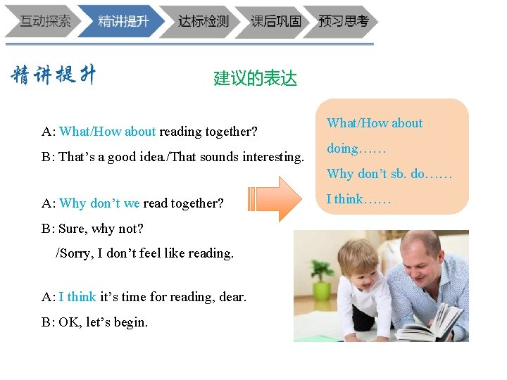 建议的表达 A: What/How about reading together? B: That’s a good idea. /That sounds interesting.