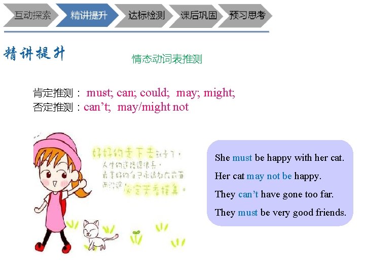 情态动词表推测 肯定推测： must; 否定推测：can’t; can; could; may; might; may/might not She must be happy