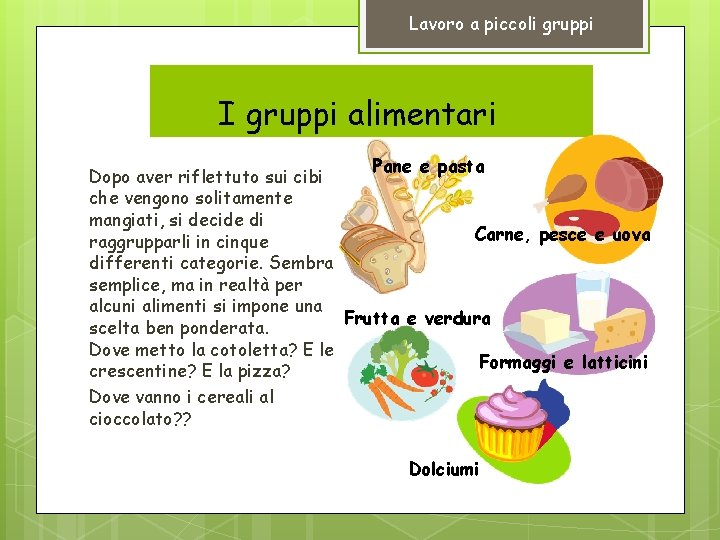 Lavoro a piccoli gruppi I gruppi alimentarii. I Pane e pasta Dopo aver riflettuto