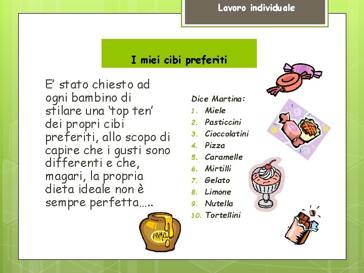 Lavoro individuale I miei cibi preferiti E’ stato chiesto ad ogni bambino di stilare