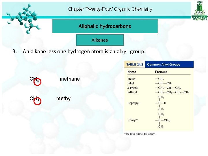 Chapter Twenty-Four/ Organic Chemistry Aliphatic hydrocarbons Alkanes 3. An alkane less one hydrogen atom