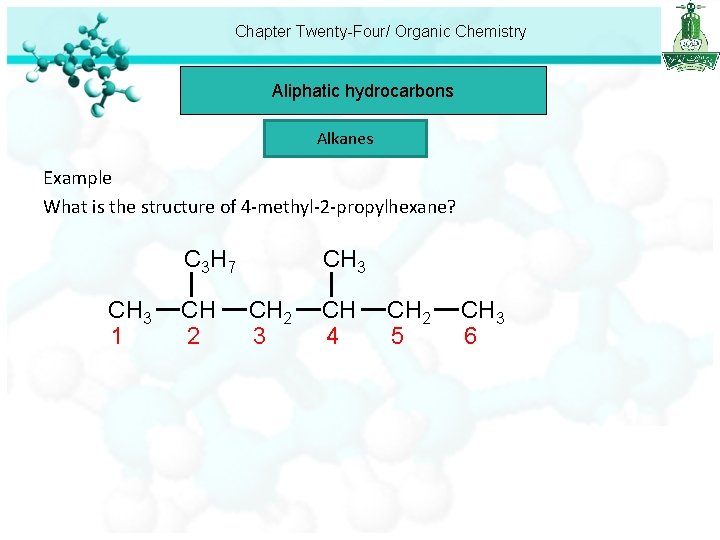 Chapter Twenty-Four/ Organic Chemistry Aliphatic hydrocarbons Alkanes Example What is the structure of 4