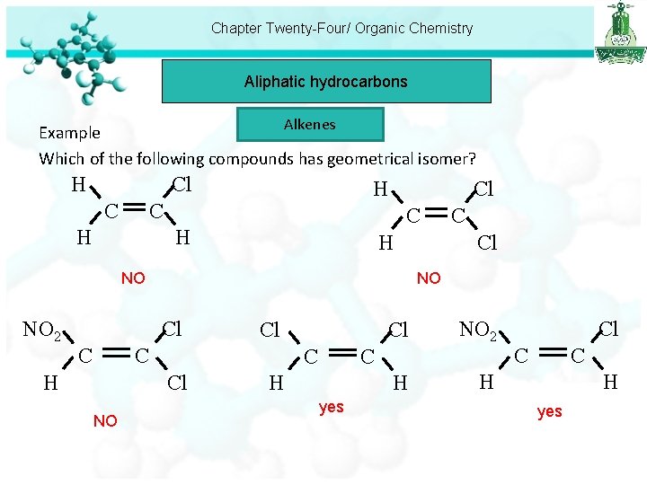 Chapter Twenty-Four/ Organic Chemistry Aliphatic hydrocarbons Alkenes Example Which of the following compounds has