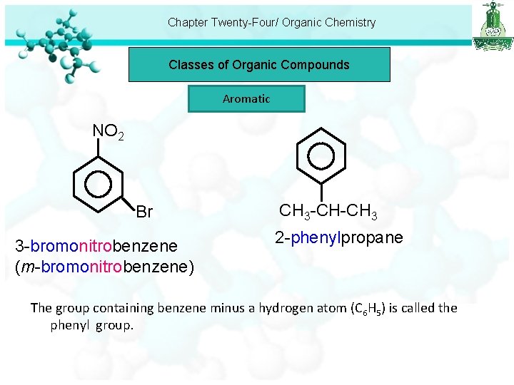 Chapter Twenty-Four/ Organic Chemistry Classes of Organic Compounds Aromatic NO 2 Br 3 -bromonitrobenzene
