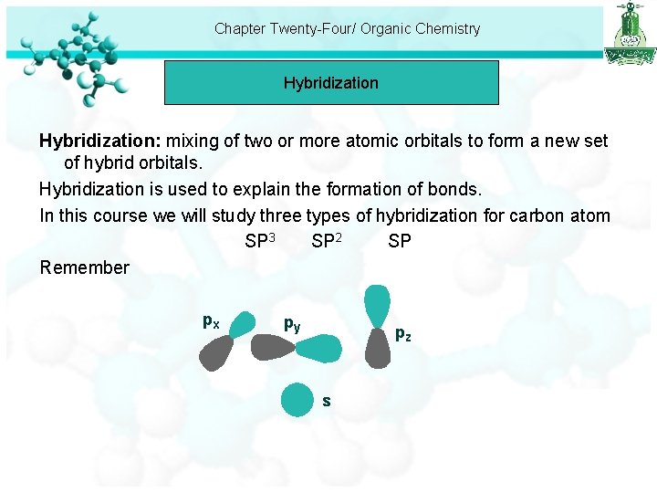 Chapter Twenty-Four/ Organic Chemistry Hybridization: mixing of two or more atomic orbitals to form